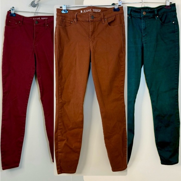 Reitmans Denim - Bundle 3 Pairs of R Jeans (Size 29) – Burgundy, Rust & Teal Green – Stretch Fit